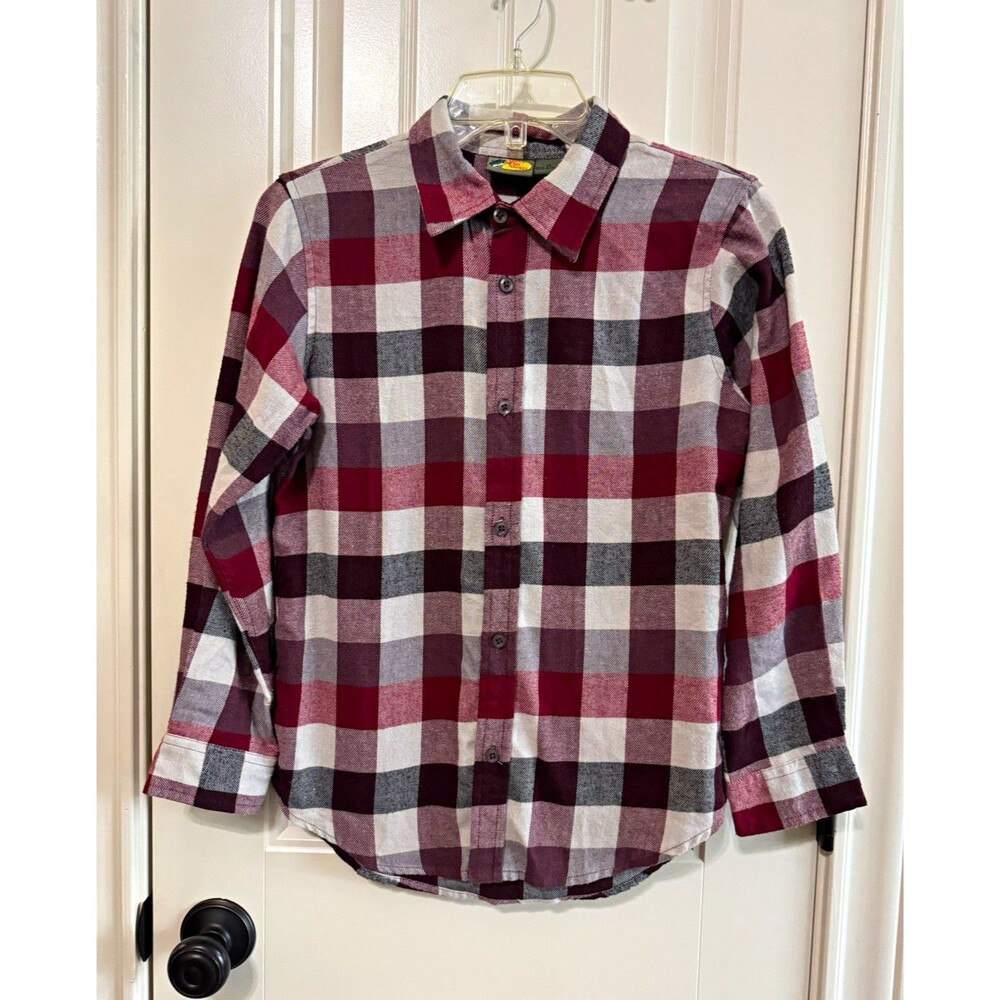 Bass Pro Shops Kids Youth XL Plaid Flannel Button Down Shirt Burgundy White